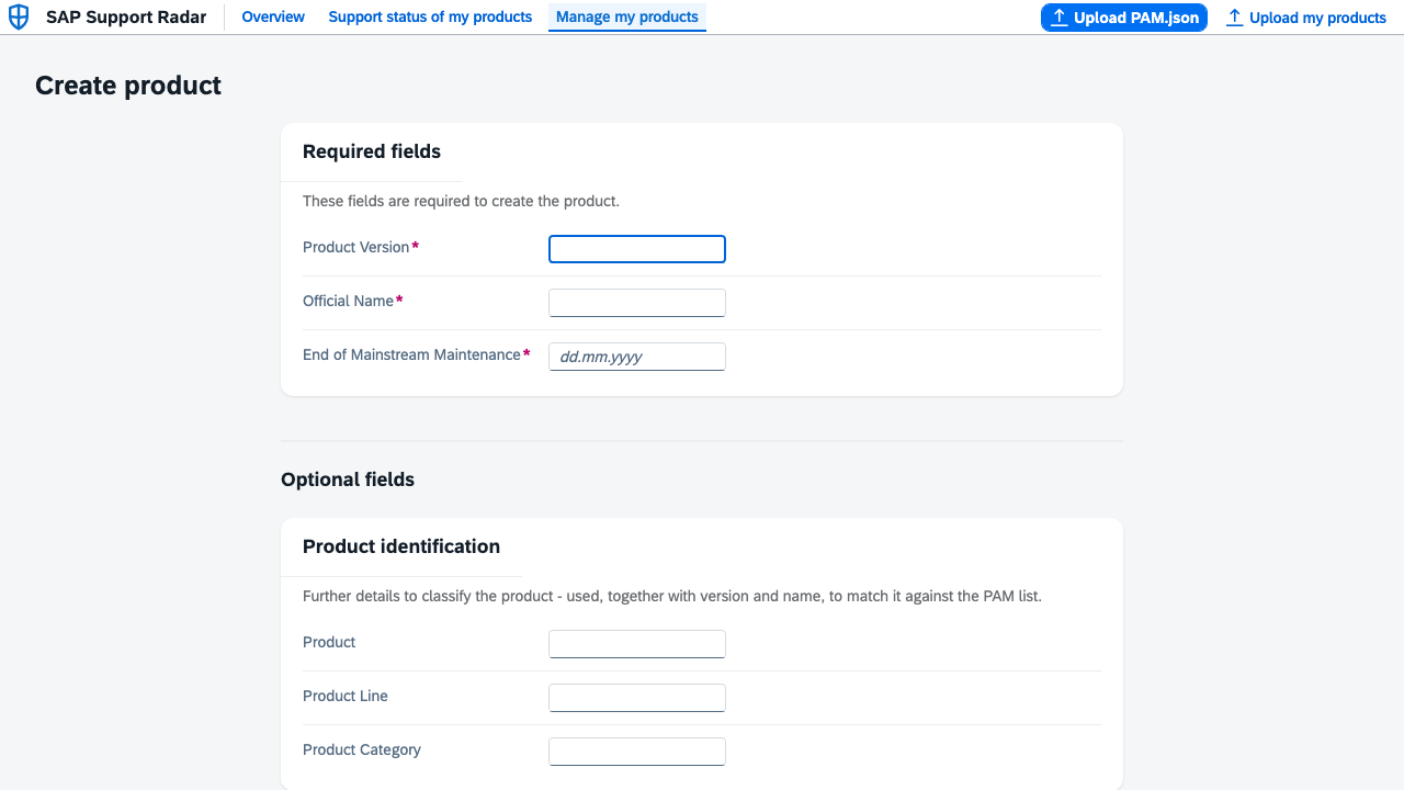 Create product form with required fields Product Version, Official Name, End of Mainstream Maintenance, and optional product identification/lifecycle fields