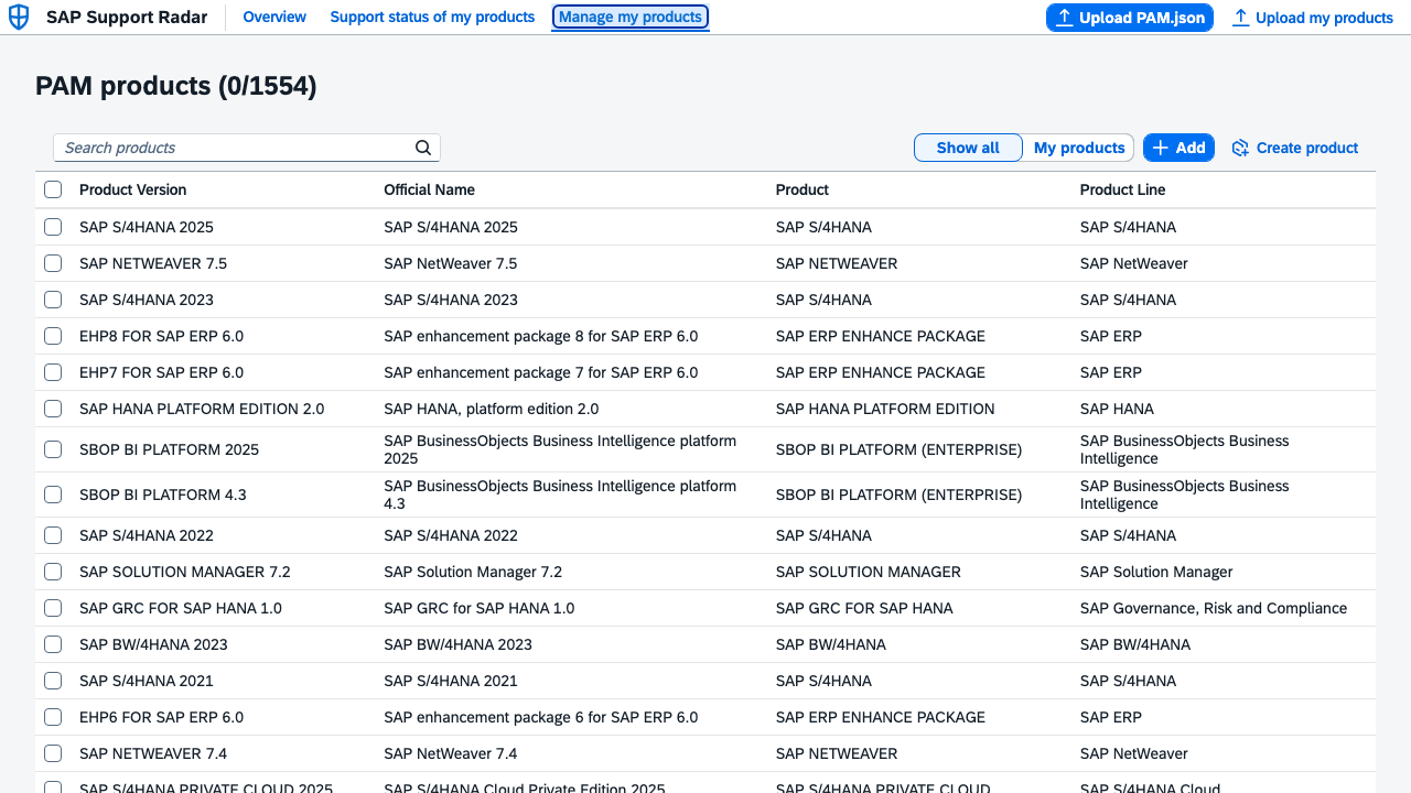 My products page with a checkbox table of PAM entries, a search field, a Show all / My products scope toggle, and Add / Create product buttons